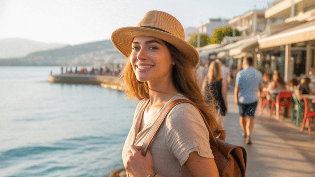 A solo female traveler walking safely and happily along the vibrant seaside promenade in Saranda, Albania during sunset, with calm turquoise waters of the Ionian Sea in the background.
