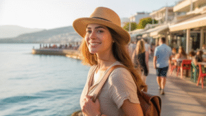 A solo female traveler walking safely and happily along the vibrant seaside promenade in Saranda, Albania during sunset, with calm turquoise waters of the Ionian Sea in the background.